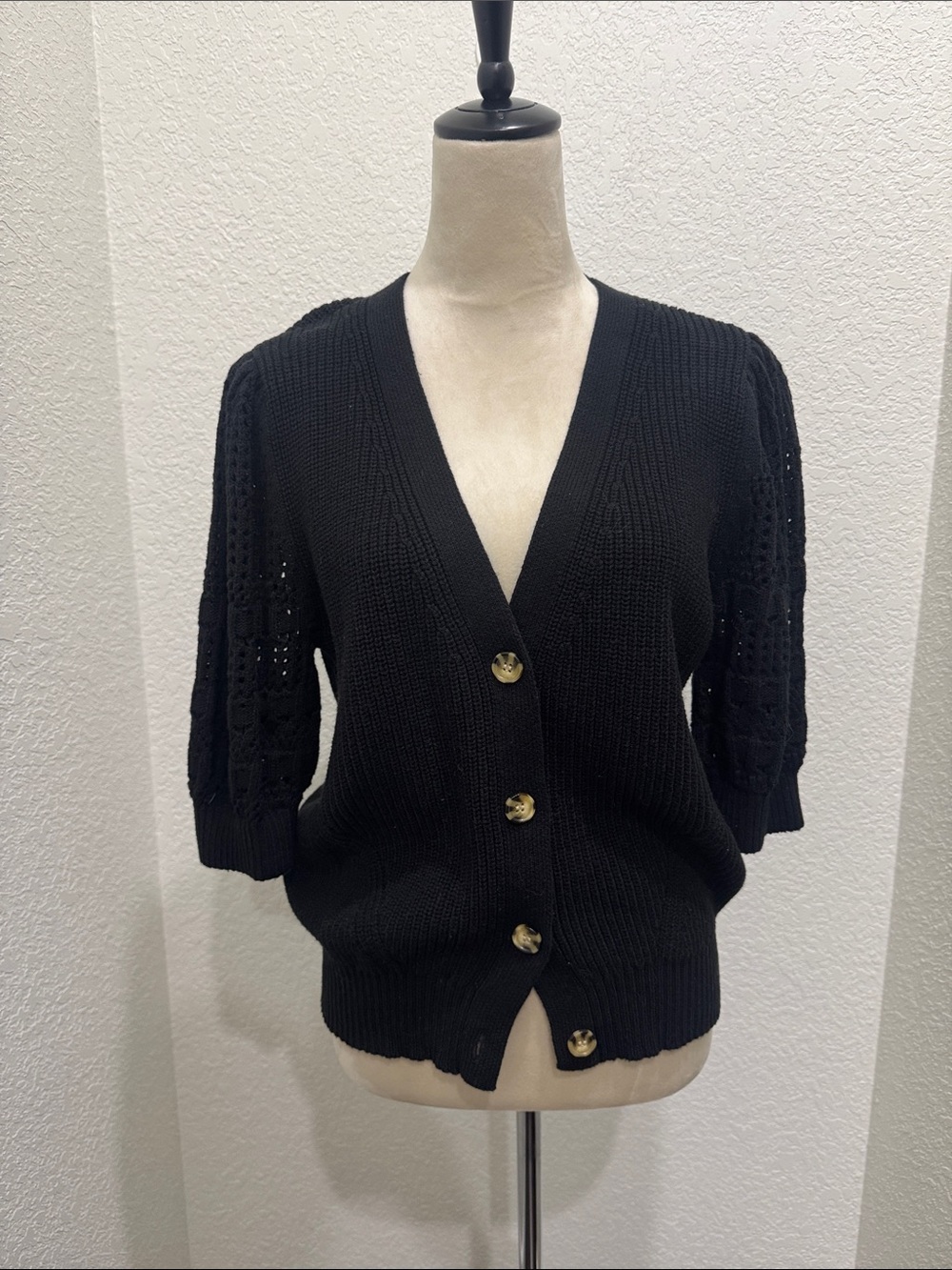 Time and Tru Black V-Neck Button Cardigan with Puff Sleeves